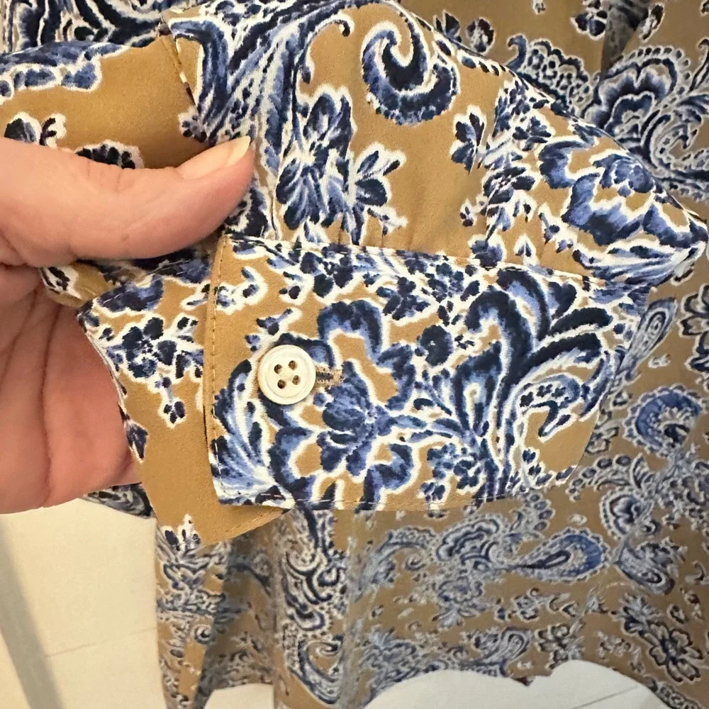 J JILL WEAVER XL Paisley Tan-Blue V Neck Polyester long sleeve top quiet luxury - Picture 8 of 12